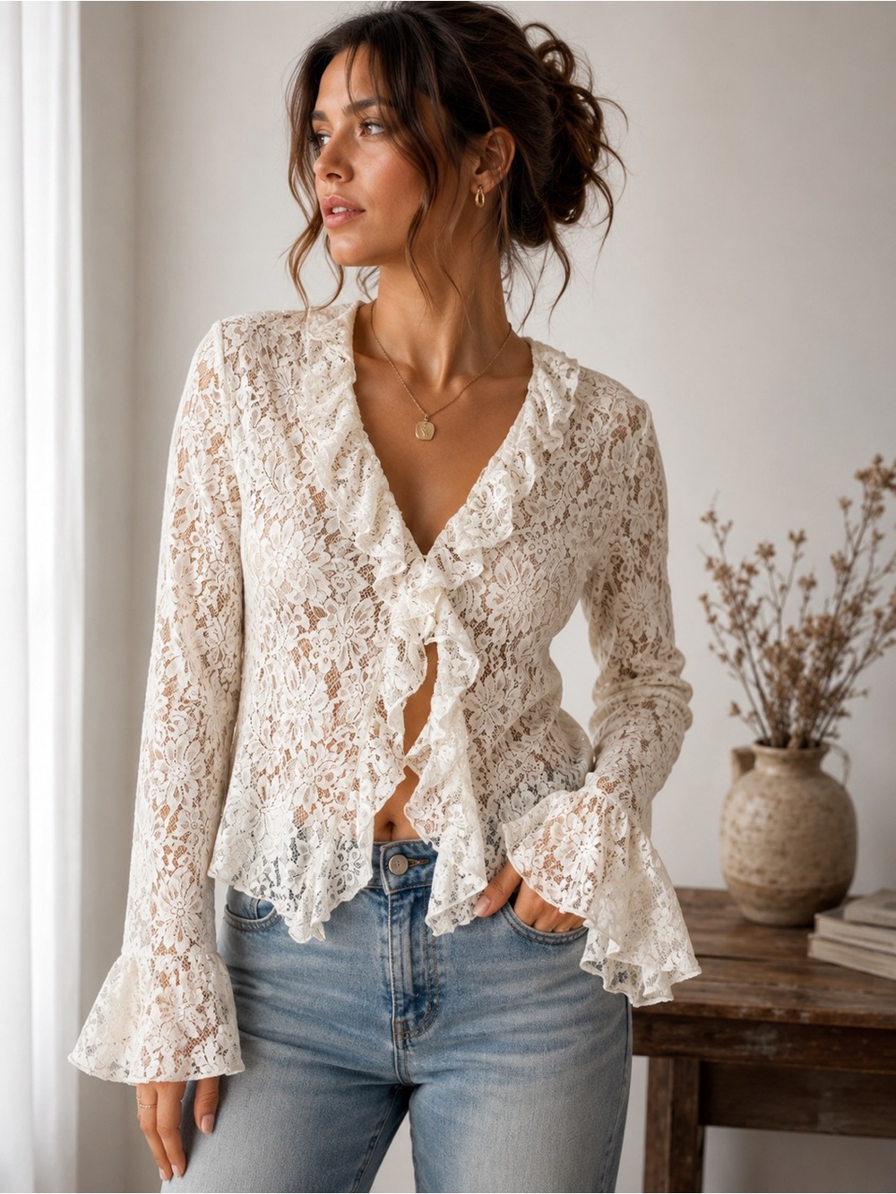 Vintage Ivory Floral Cream Lace Ruffle Blouse Bell Sleeve Y2K Romantic Boho XL